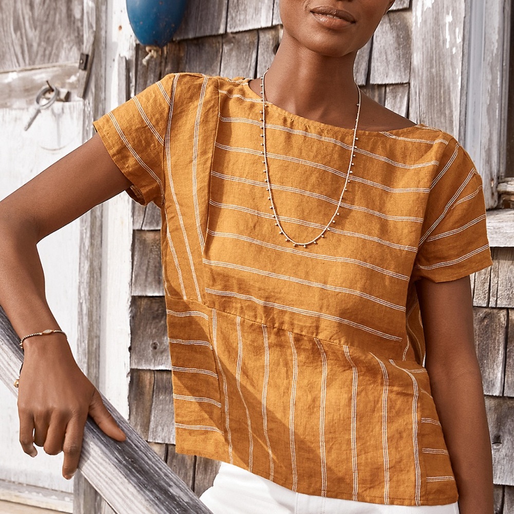 Garnet Hill Mustard Seamed Linen Boxy Top White Stripes